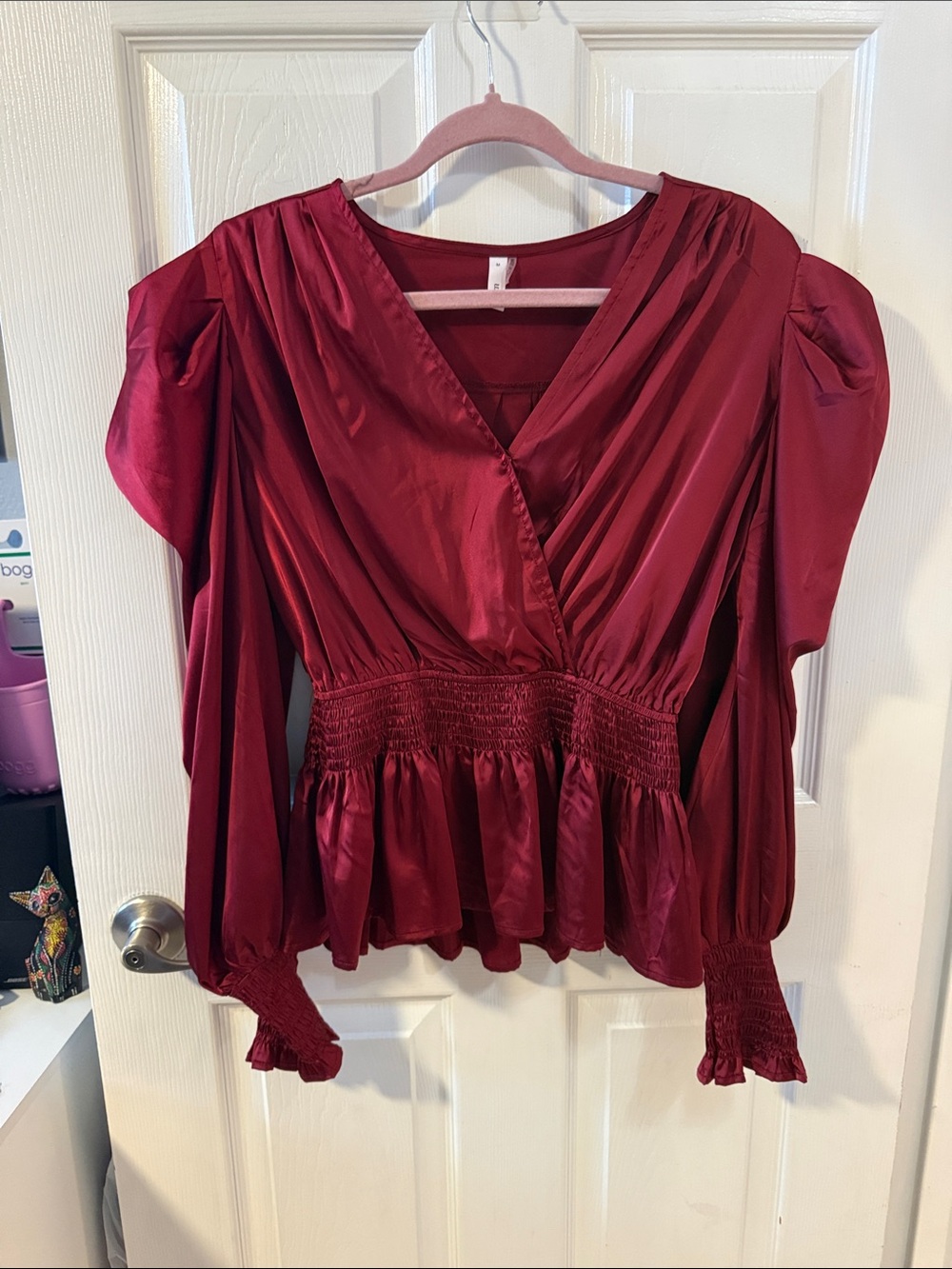 glam Burgundy Satin Wrap Peplum Blouse